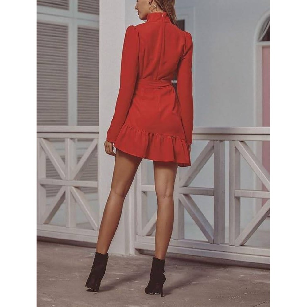 Red Mock Neck Long Sleeve Ruffle Hem Tie Waist Mini Dress Puff Shoulder Size M‎ - Picture 2 of 14